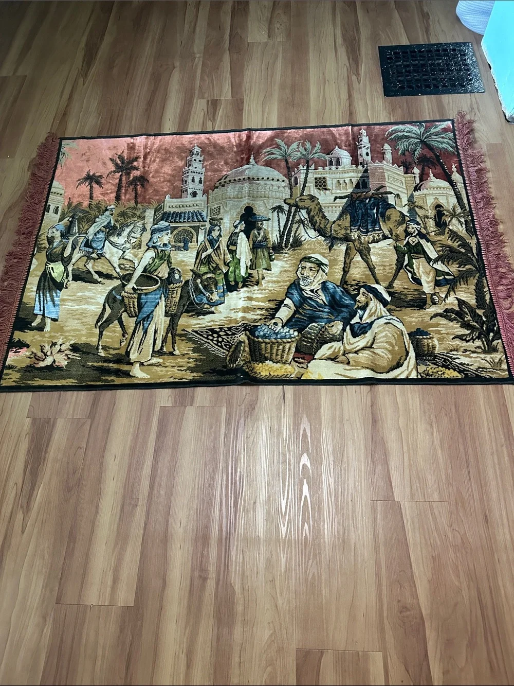 Vintage Mid-Century Woven Wall Tapestry - Middle Eastern Desert Oasis & Market
